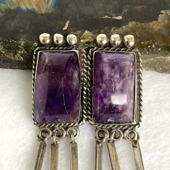 VTG Sterling Silver 925 Mexico Bezel Set Loaf Faceted Double Amethyst Brooch - Picture 13 of 16